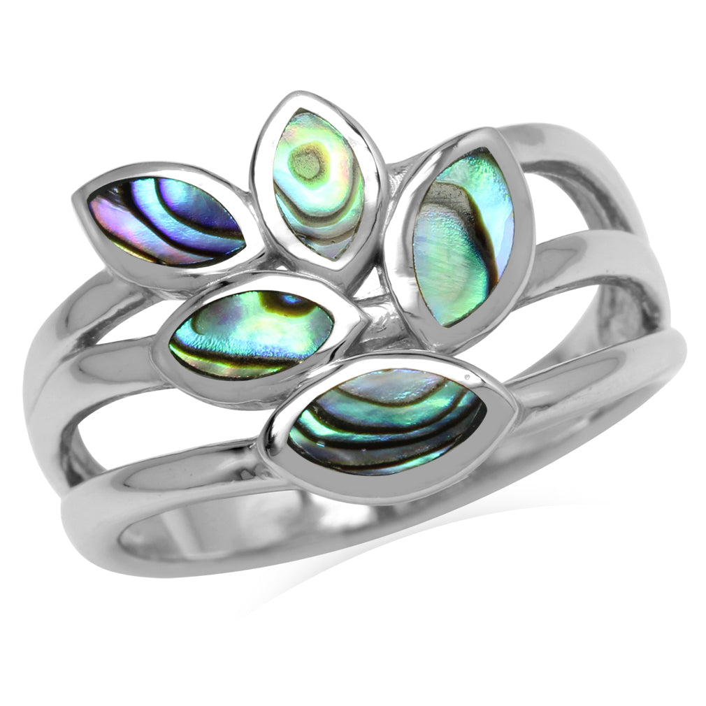 5 Stone Marquise Shape Abalone Paua Shell Inlay 925 Sterling Silver 3 Lines Leaf Ring - Silvershake-store