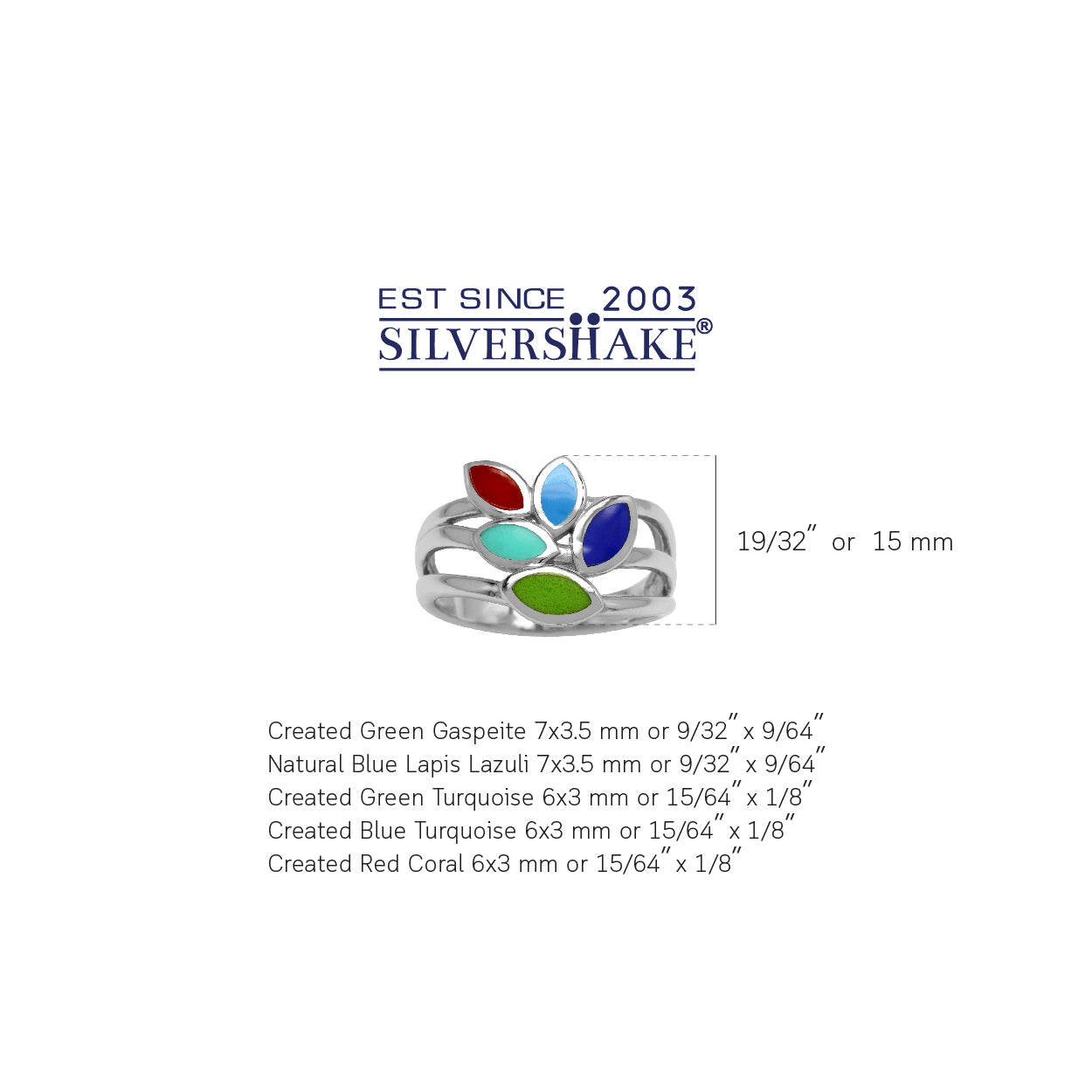Created Green Gaspeite Lapis and Turquoise and Red Coral 925 Sterling Silver 3 Lines Leaf Ring - Silvershake-store