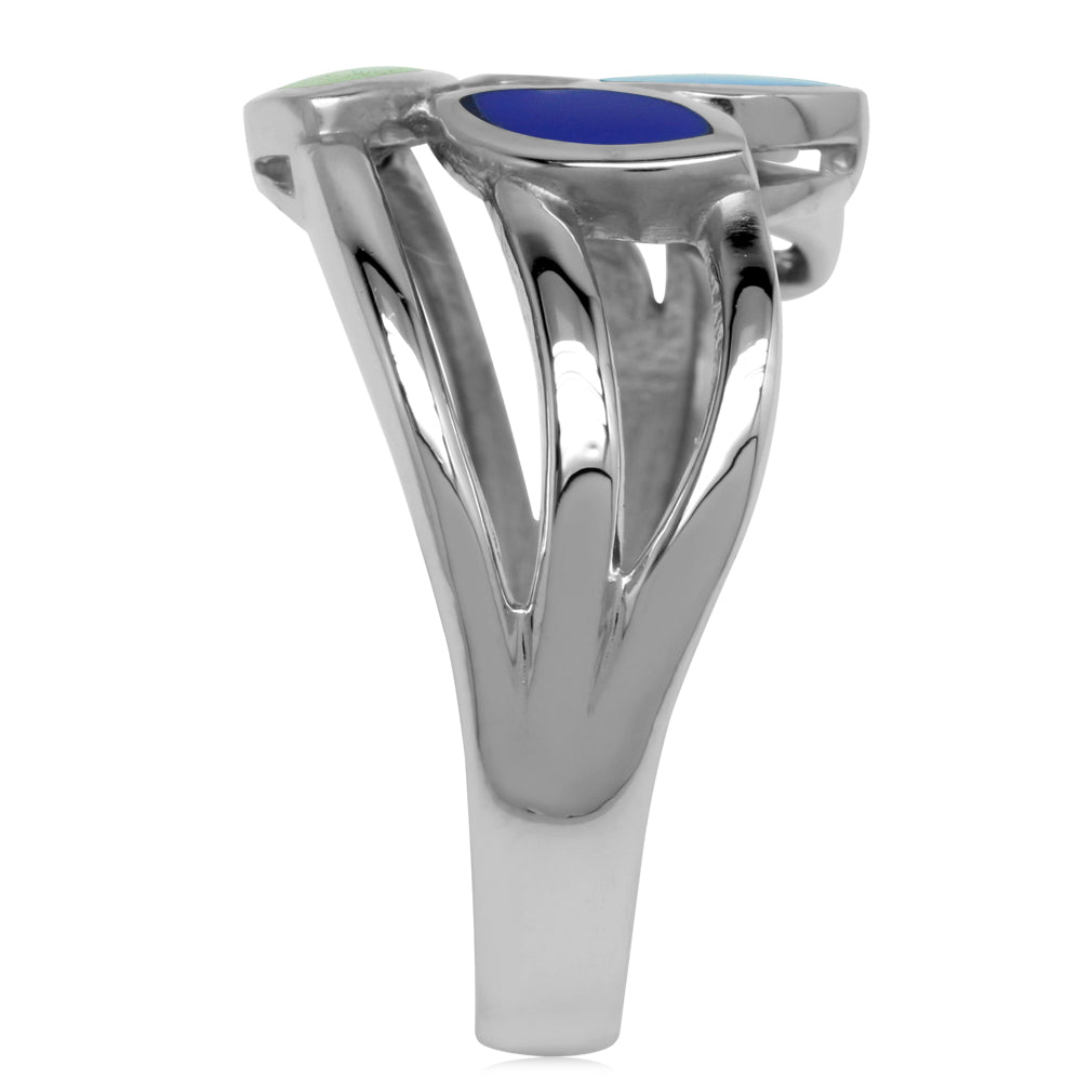 Created Green Gaspeite Lapis and Turquoise and Red Coral 925 Sterling Silver 3 Lines Leaf Ring - Silvershake-store