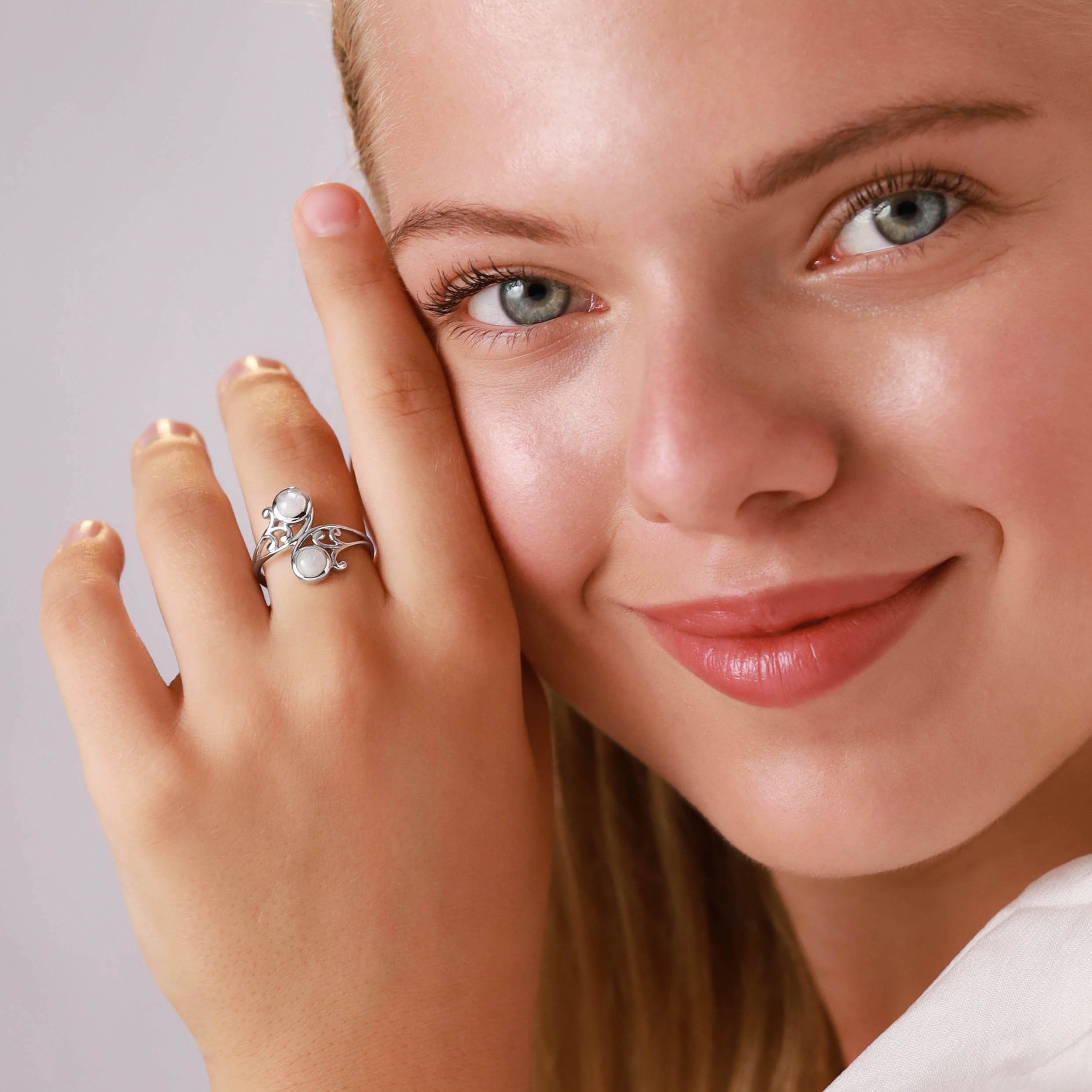 5mm Natural Round Shape Moonstone 925 Sterling Silver Leaf and Swirl Style Bypass Ring - Silvershake-store