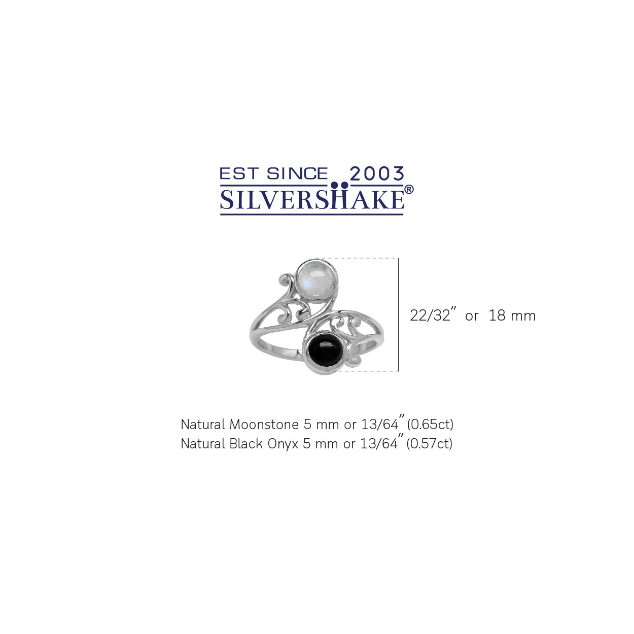5mm Natural Round Shape Moonstone and Onyx 925 Sterling Silver Leaf and Swirl Style Bypass Ring - Silvershake-store