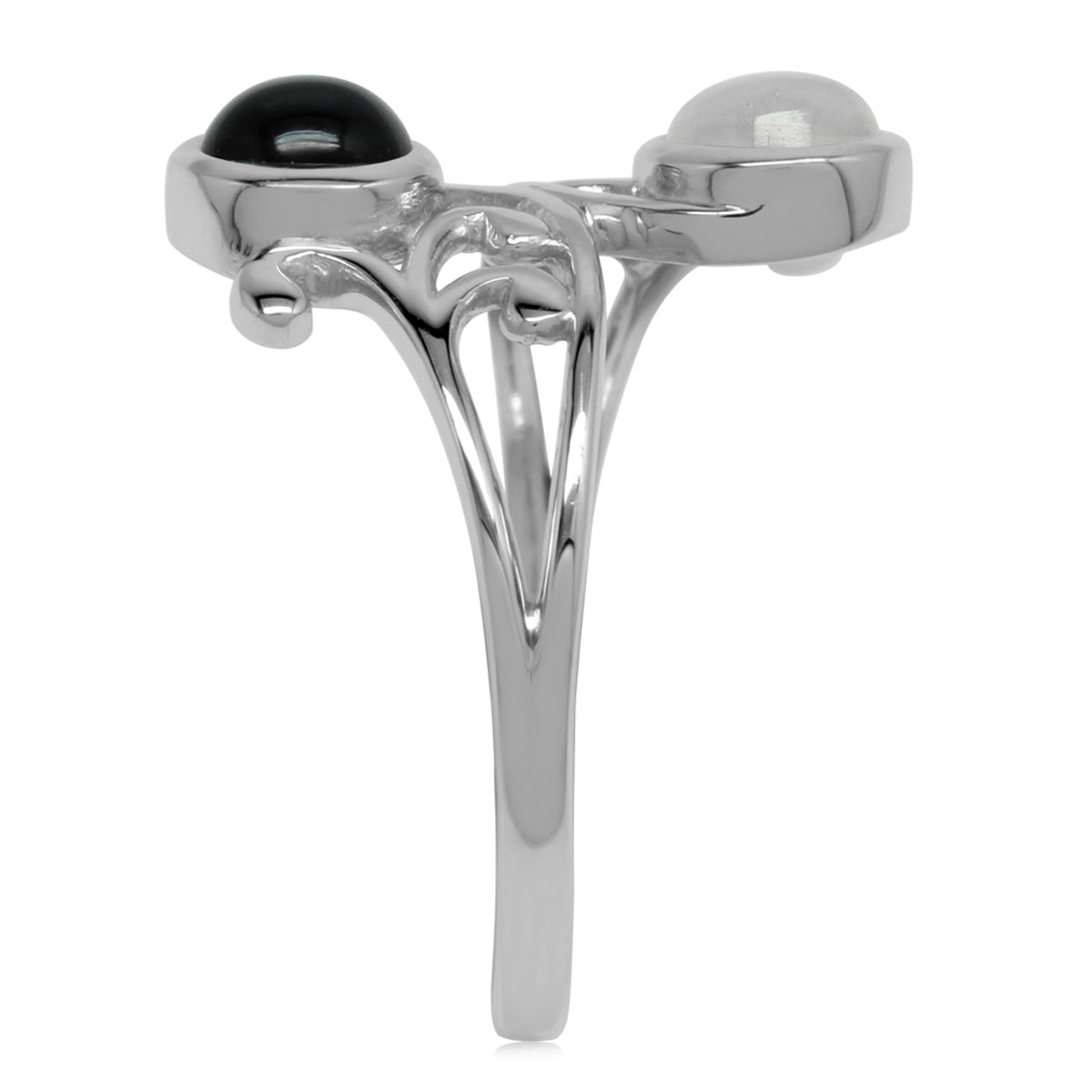 5mm Natural Round Shape Moonstone and Onyx 925 Sterling Silver Leaf and Swirl Style Bypass Ring - Silvershake-store
