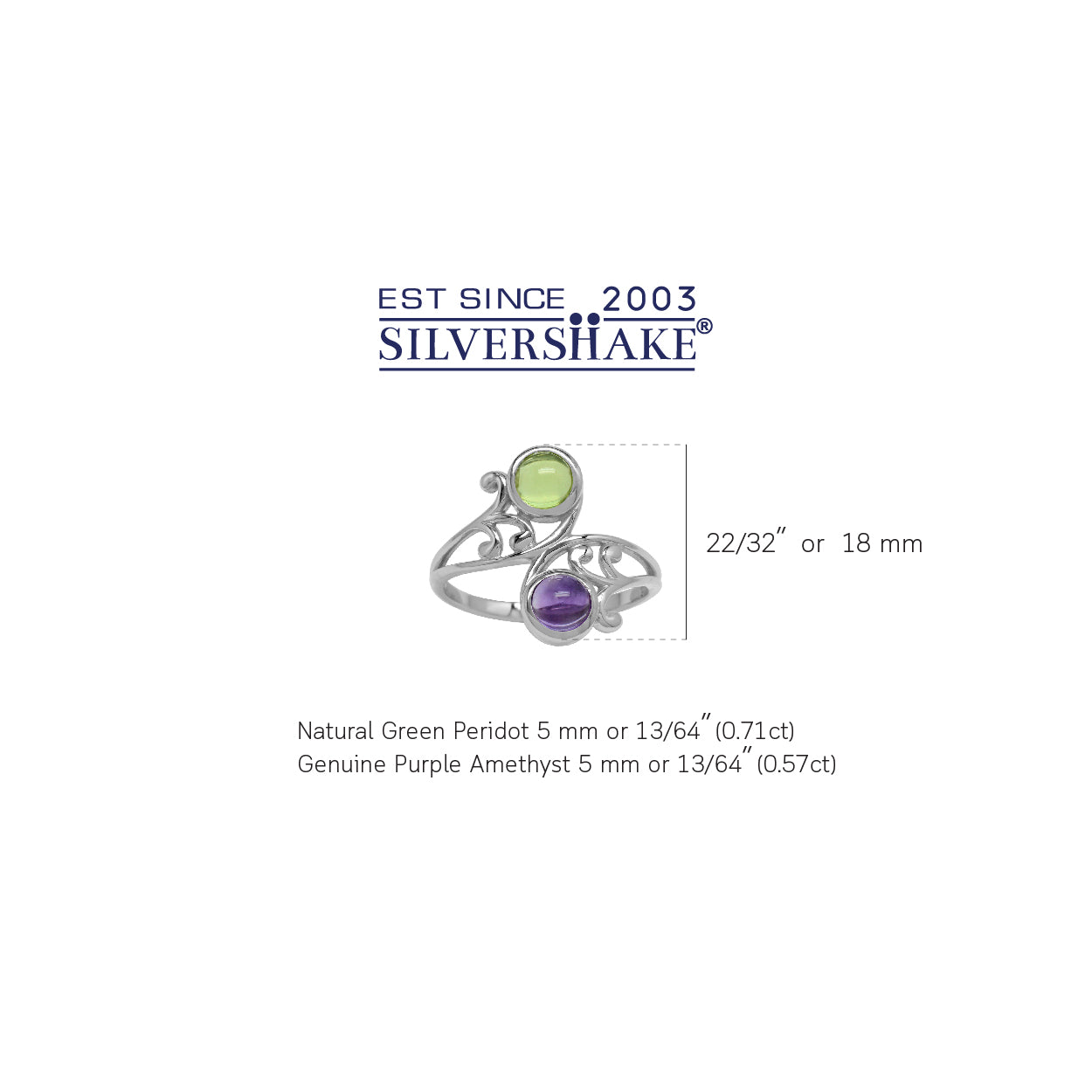 5mm Cabochon Round Shape Peridot and Amethyst 925 Sterling Silver Leaf and Swirl Style Bypass Ring - Silvershake-store