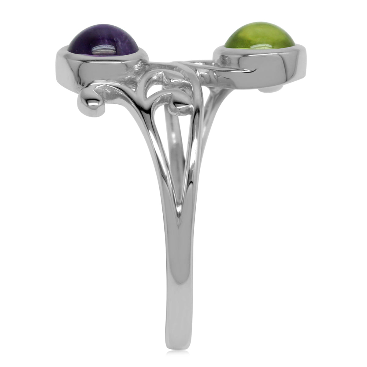 5mm Cabochon Round Shape Peridot and Amethyst 925 Sterling Silver Leaf and Swirl Style Bypass Ring - Silvershake-store