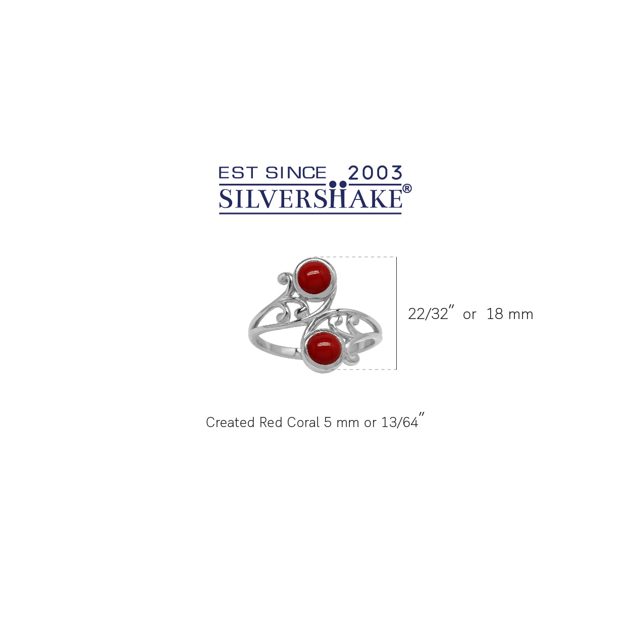 5mm Created Round Shape Red Coral 925 Sterling Silver Leaf and Swirl Style Bypass Ring - Silvershake-store