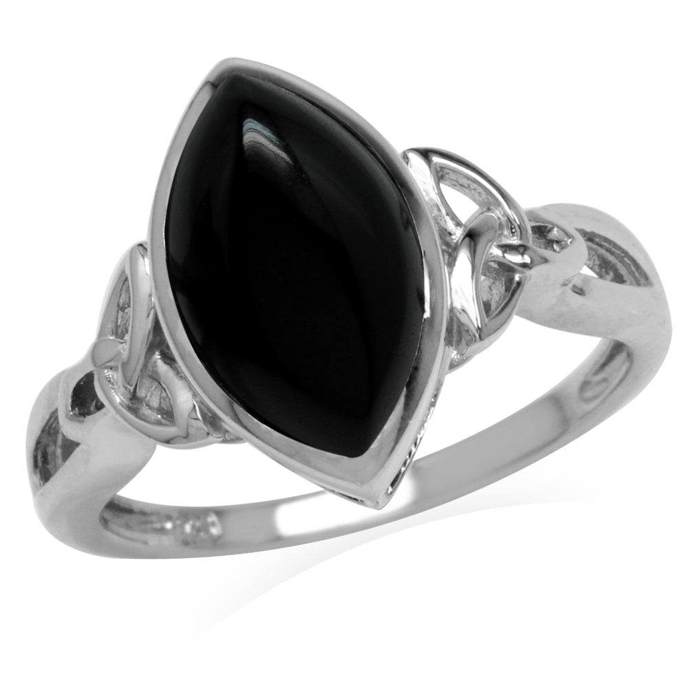Genuine Black Onyx 925 Sterling Silver Triquetra Celtic Knot Solitaire Ring - Silvershake-store