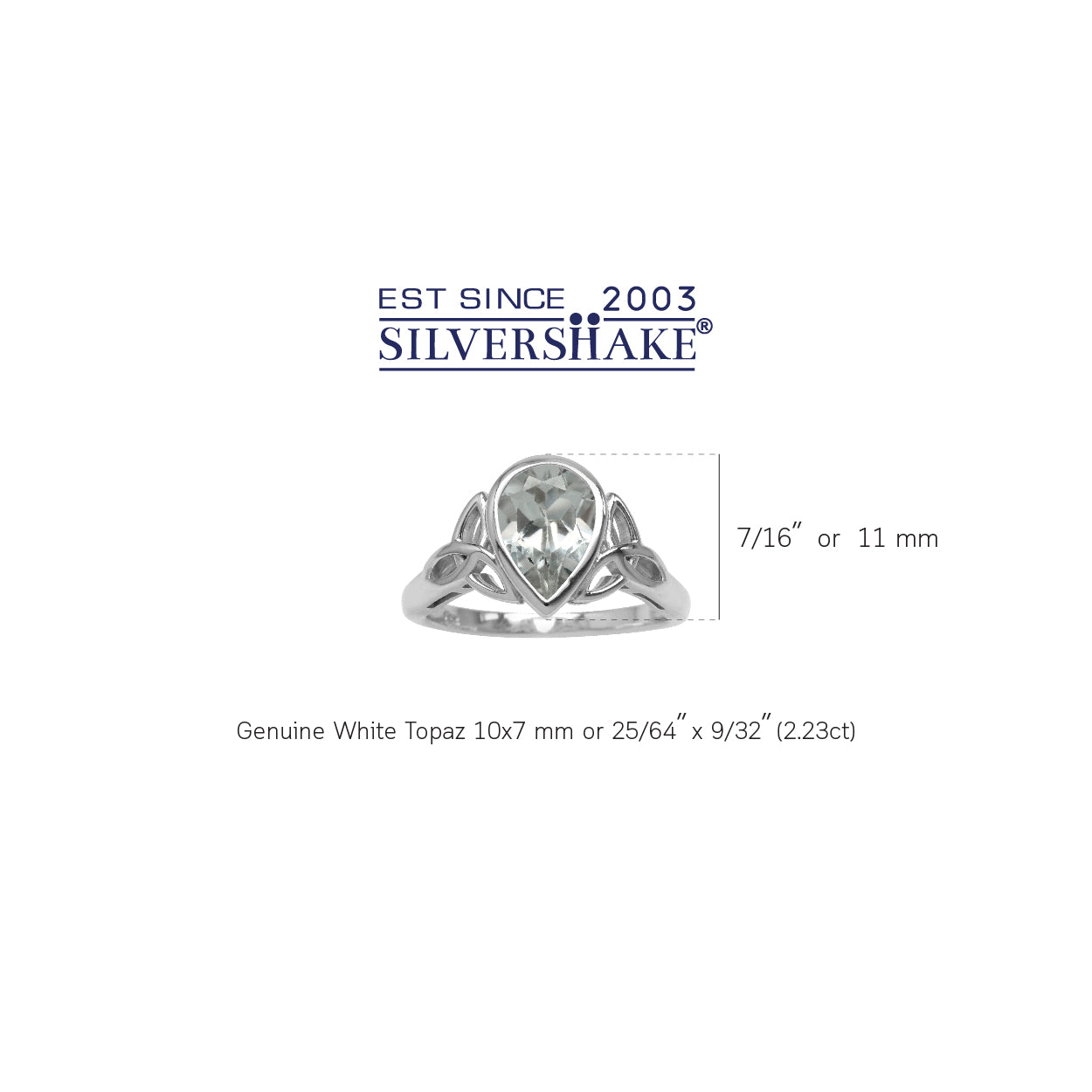Genuine 2.2ct. 10X7mm White Topaz 925 Sterling Silver Triquetra Celtic Knot Ring - Silvershake-store
