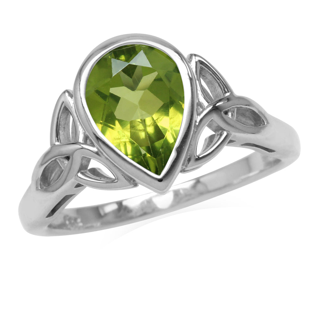 2ct. 10X7mm Natural Green Peridot White Gold Plated 925 Sterling Silver Triquetra Celtic Knot Ring - Silvershake-store