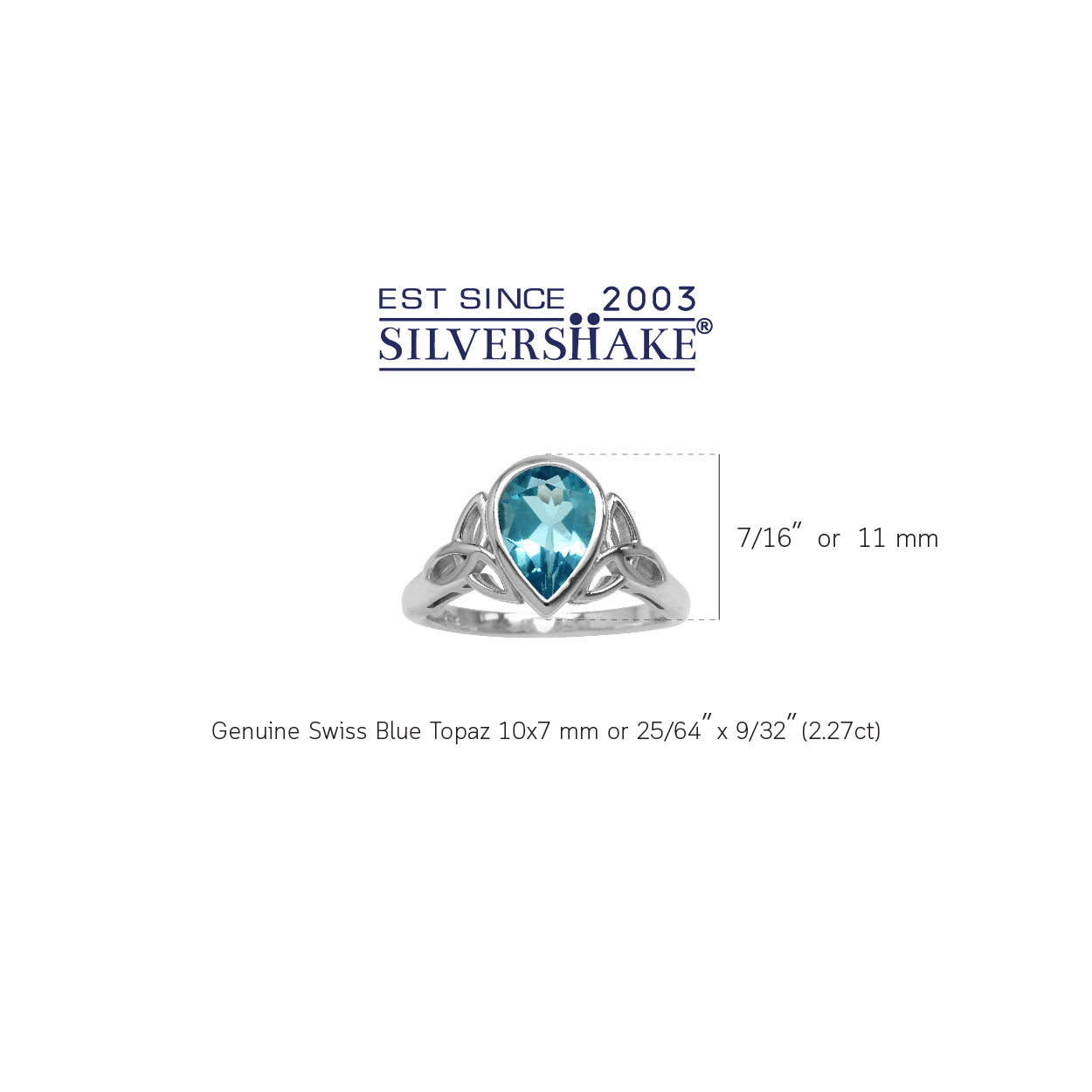Genuine 2.2ct. 10X7mm Swiss Blue Topaz 925 Sterling Silver Triquetra Celtic Knot Ring - Silvershake-store