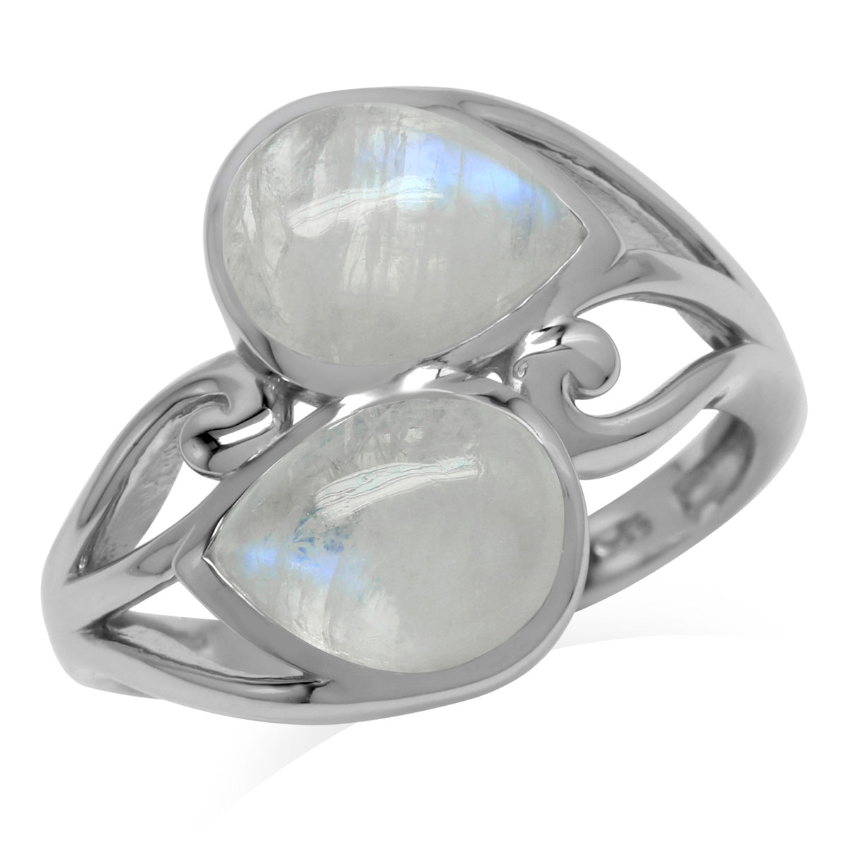 Natural 9x7 MM Rainbow Moonstone 925 Sterling Silver Contemporary Swirl Ring
