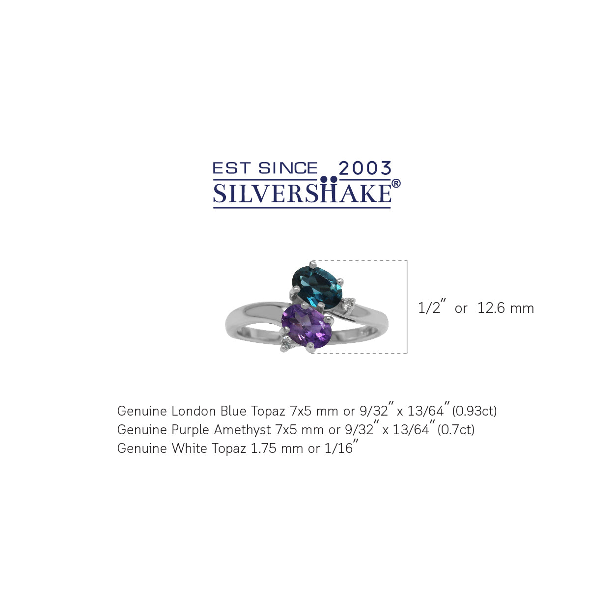 Genuine London Blue Topaz and Amethyst 925 Sterling Silver Gemstone Ring