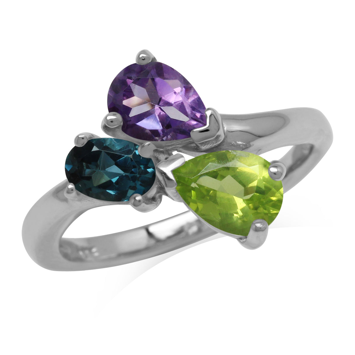 Genuine Amethyst, Peridot and London Blue Topaz 925 Sterling Silver Birthstone Ring