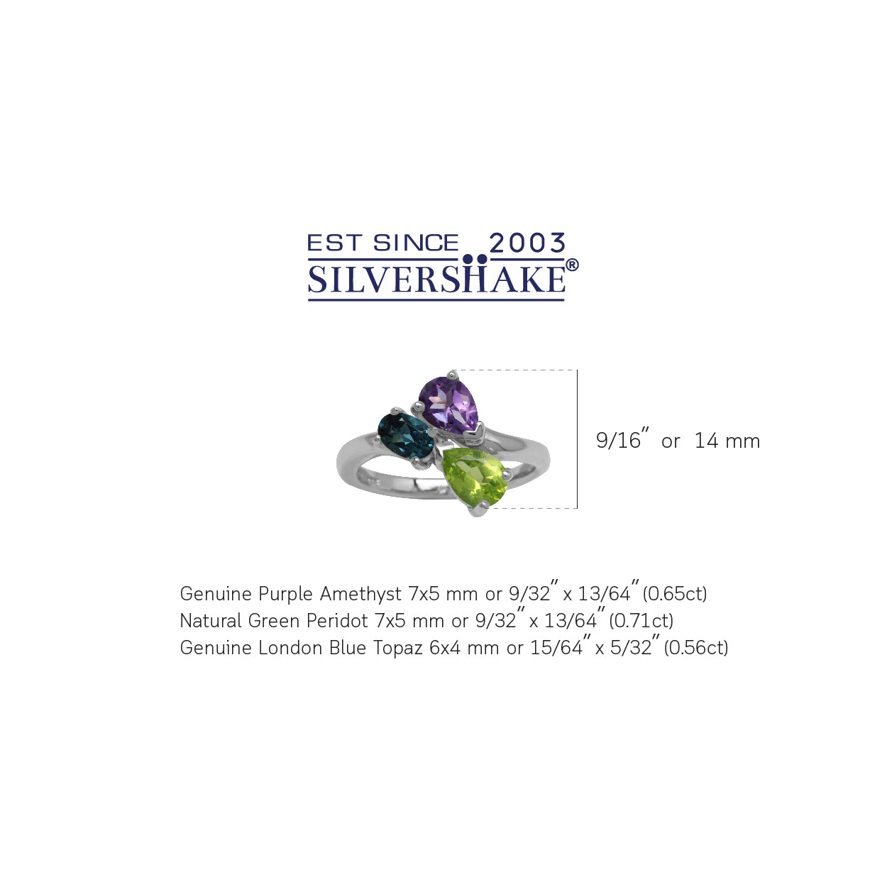 Genuine Amethyst, Peridot and London Blue Topaz 925 Sterling Silver Birthstone Ring