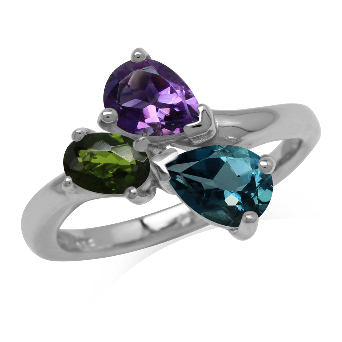 London Blue Topaz, Amethyst and Chrome Diopside 925 Sterling Silver Birthstone Ring
