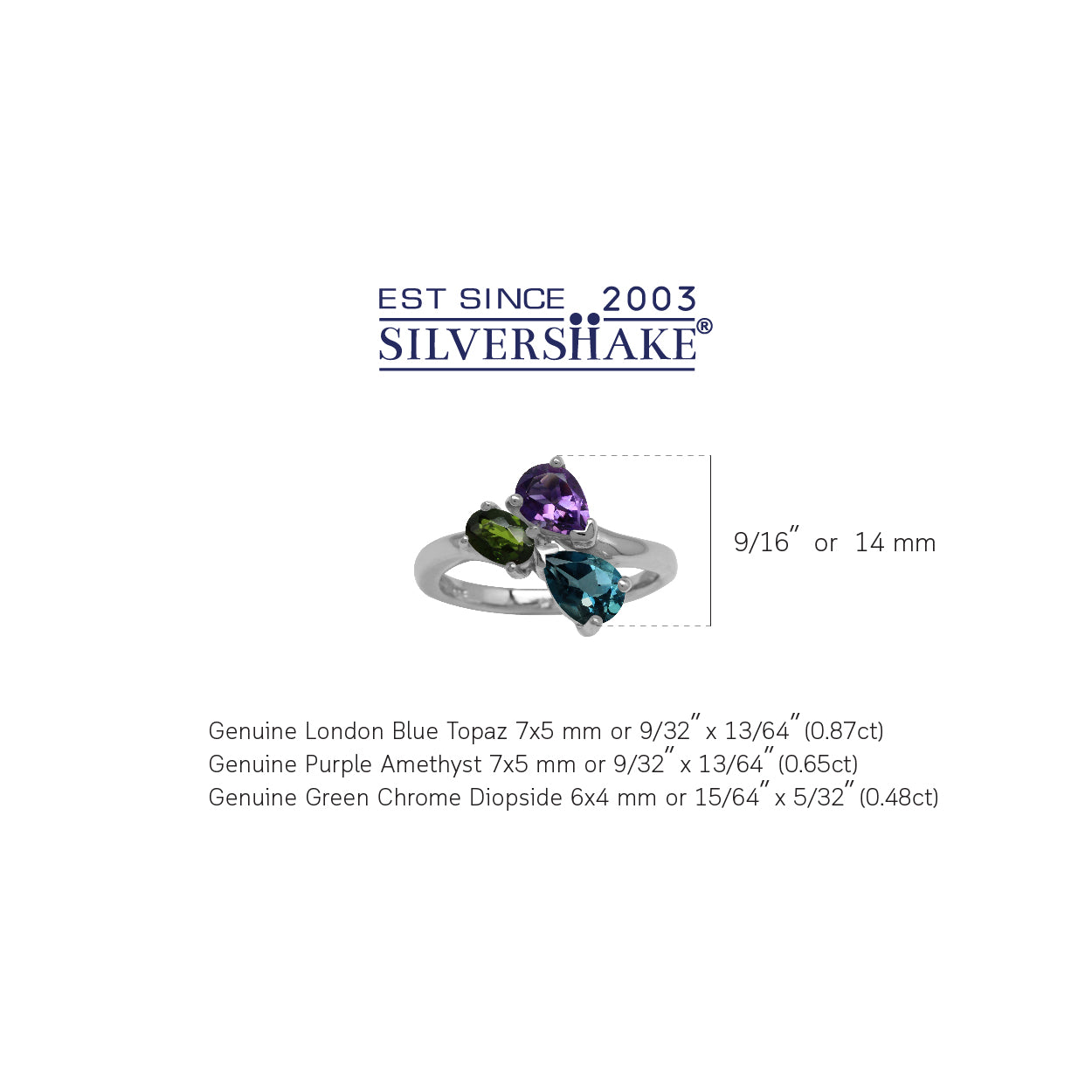 London Blue Topaz, Amethyst and Chrome Diopside 925 Sterling Silver Birthstone Ring