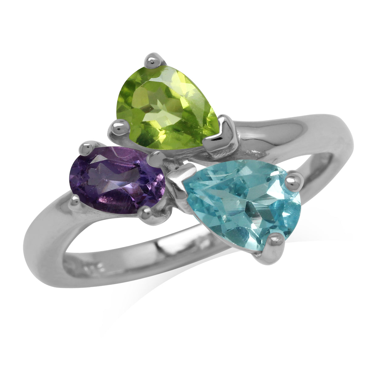 Genuine Sky Blue Topaz, Peridot and Amethyst 925 Sterling Silver Birthstone Ring