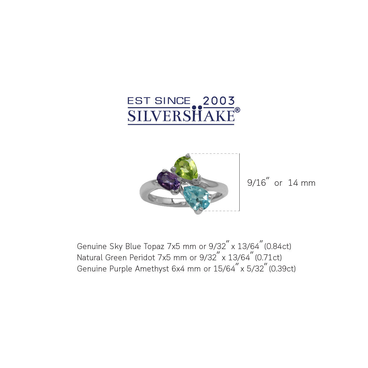 Genuine Sky Blue Topaz, Peridot and Amethyst 925 Sterling Silver Birthstone Ring