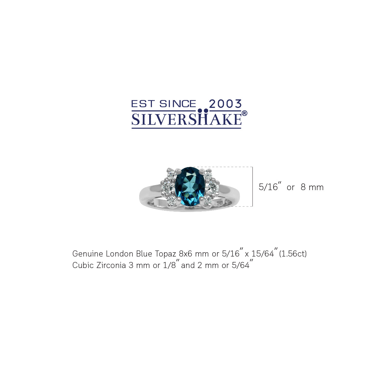 Genuine Oval 8x6 mm 1.5 Ctw London Blue Topaz 925 Sterling Silver Engagement Ring