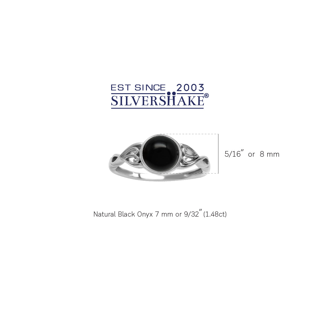 7mm Natural Black Onyx 925 Sterling Silver Victorian Style Solitaire Ring - Silvershake-store