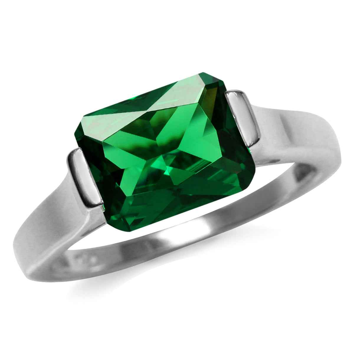 2.6ct. 10x8MM Octagon Green Nano Emerald 925 Sterling Silver East-West Solitaire Ring