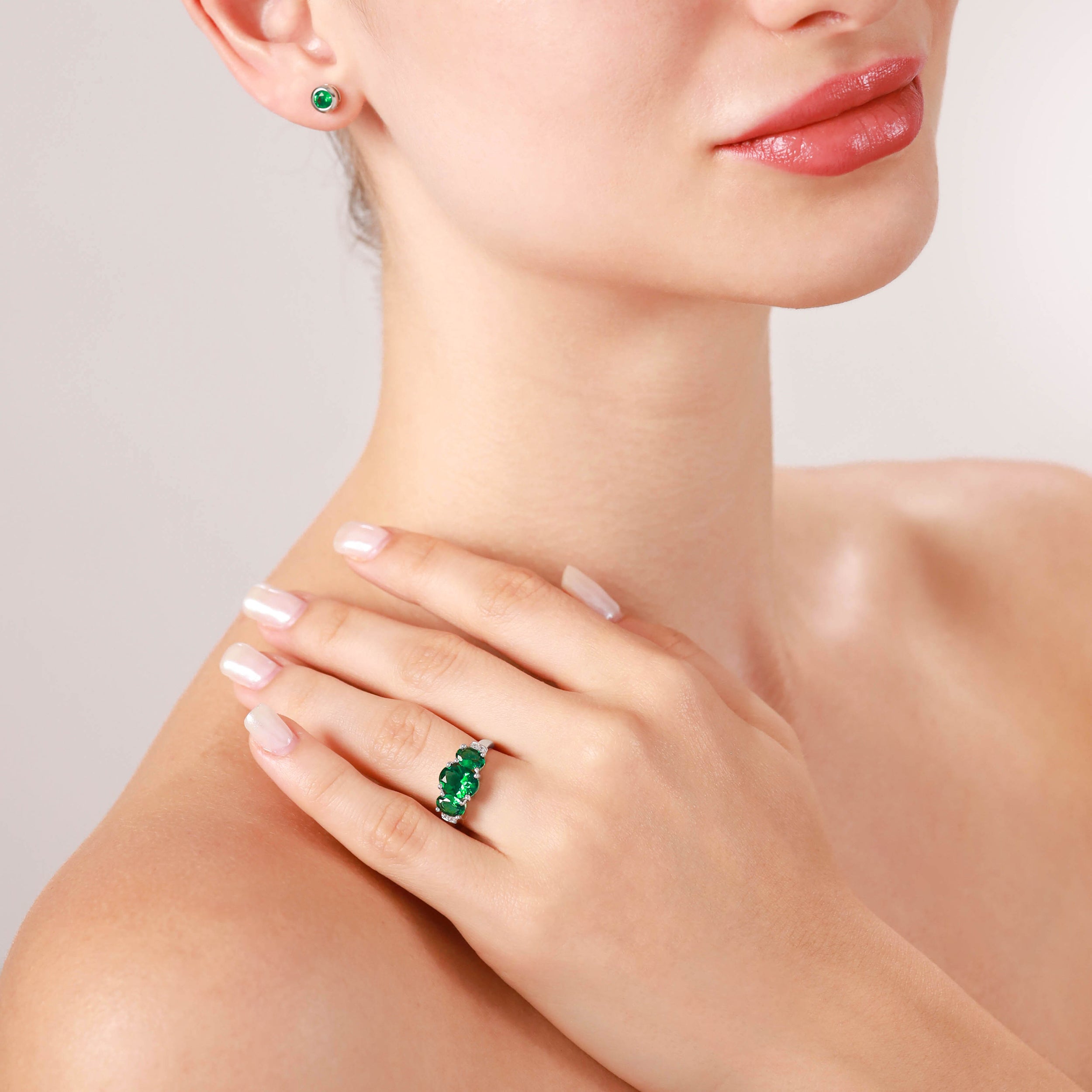 3-Stone Created Oval Shape Nano Green Emerald White Gold Plated 925 Sterling Silver Ring - Silvershake-store