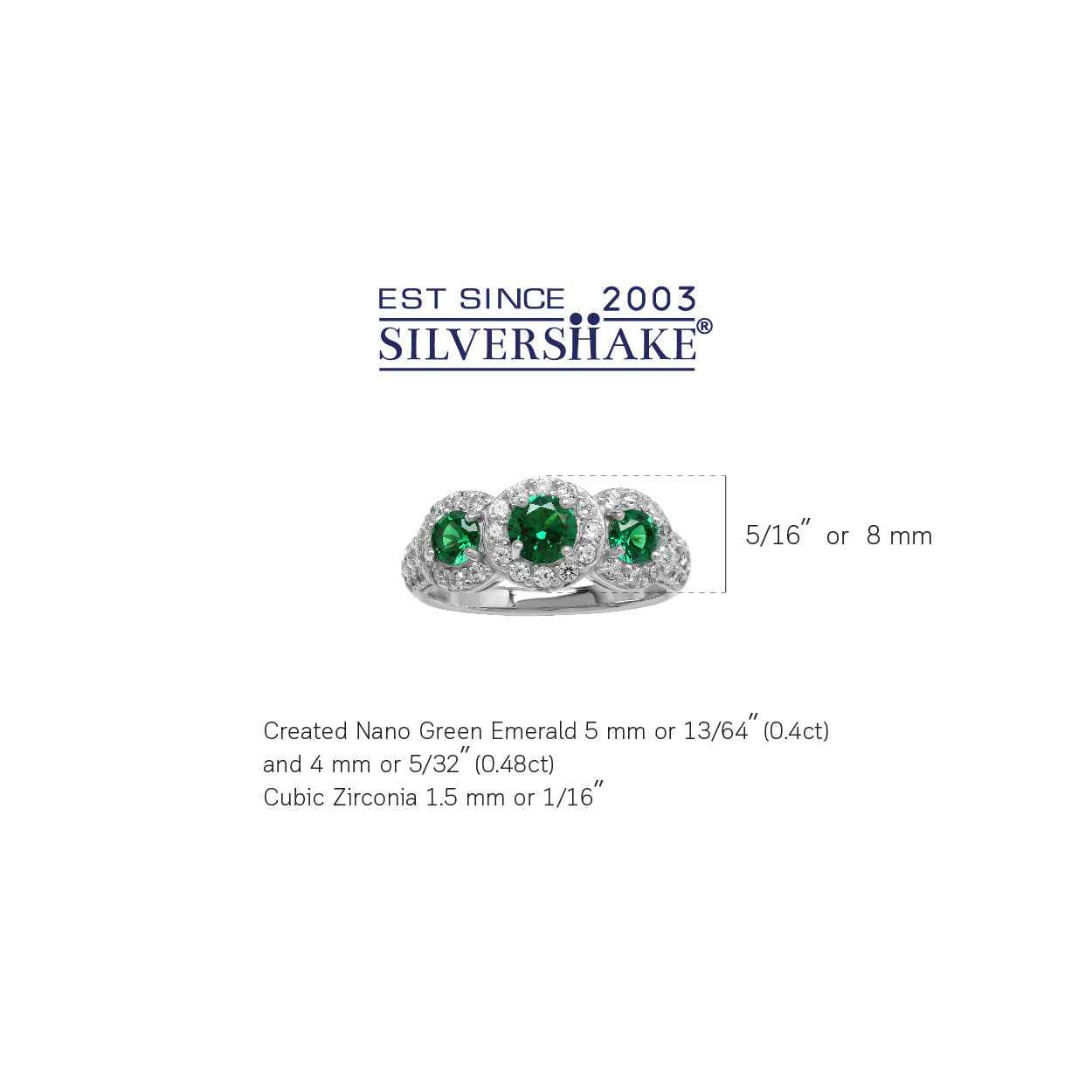 Created 3-Stone Green Nano Emerald White Gold Plated 925 Sterling Silver Ring