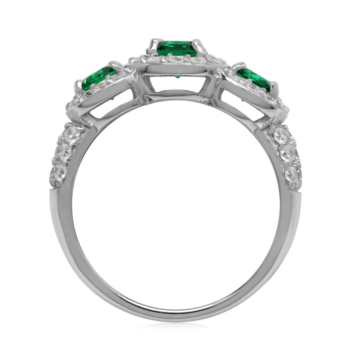 Created 3-Stone Green Nano Emerald White Gold Plated 925 Sterling Silver Ring