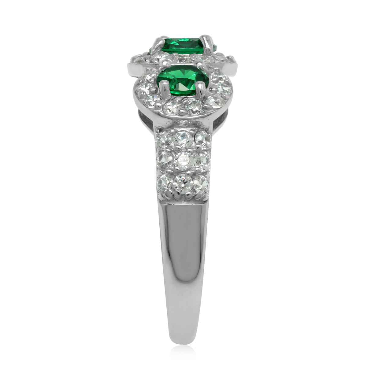 Created 3-Stone Green Nano Emerald White Gold Plated 925 Sterling Silver Ring