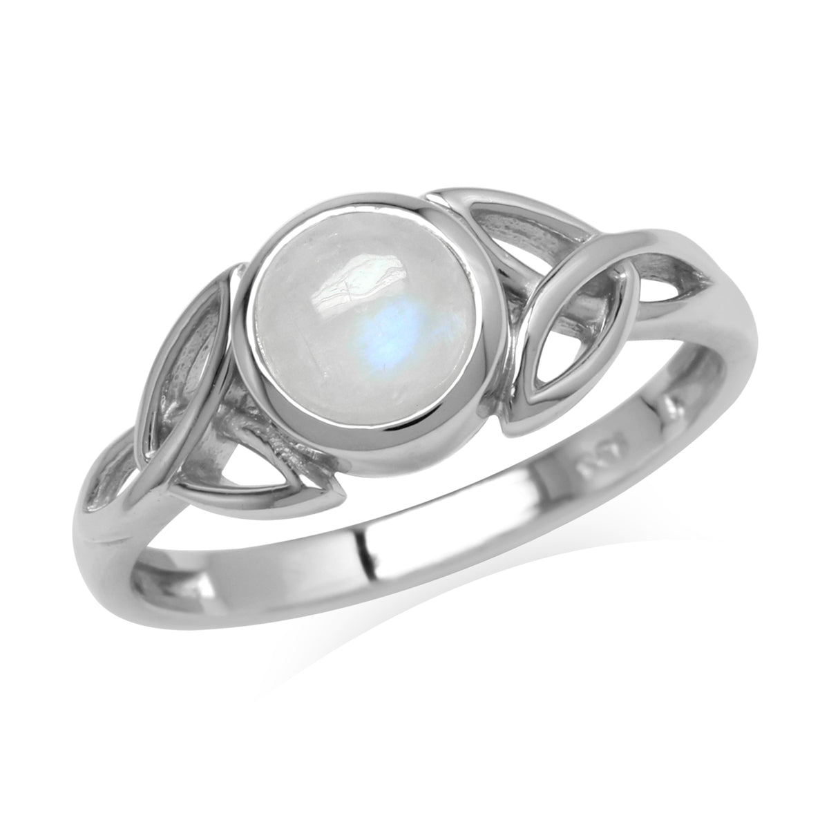 Natural 6 mm Round Rainbow Moonstone 925 Sterling Silver Triquetra Celtic Knot Ring silvershake