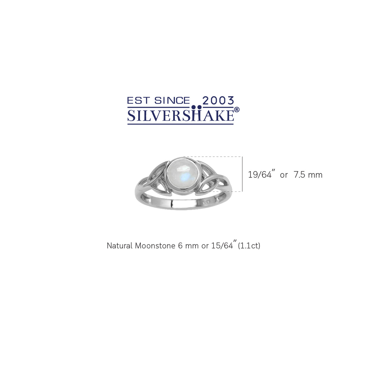 Natural 6 mm Round Rainbow Moonstone 925 Sterling Silver Triquetra Celtic Knot Ring silvershake