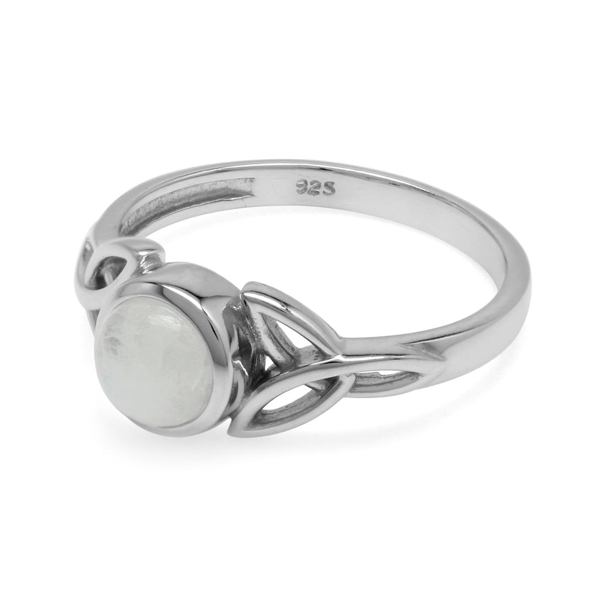 Natural 6 mm Round Rainbow Moonstone 925 Sterling Silver Triquetra Celtic Knot Ring silvershake