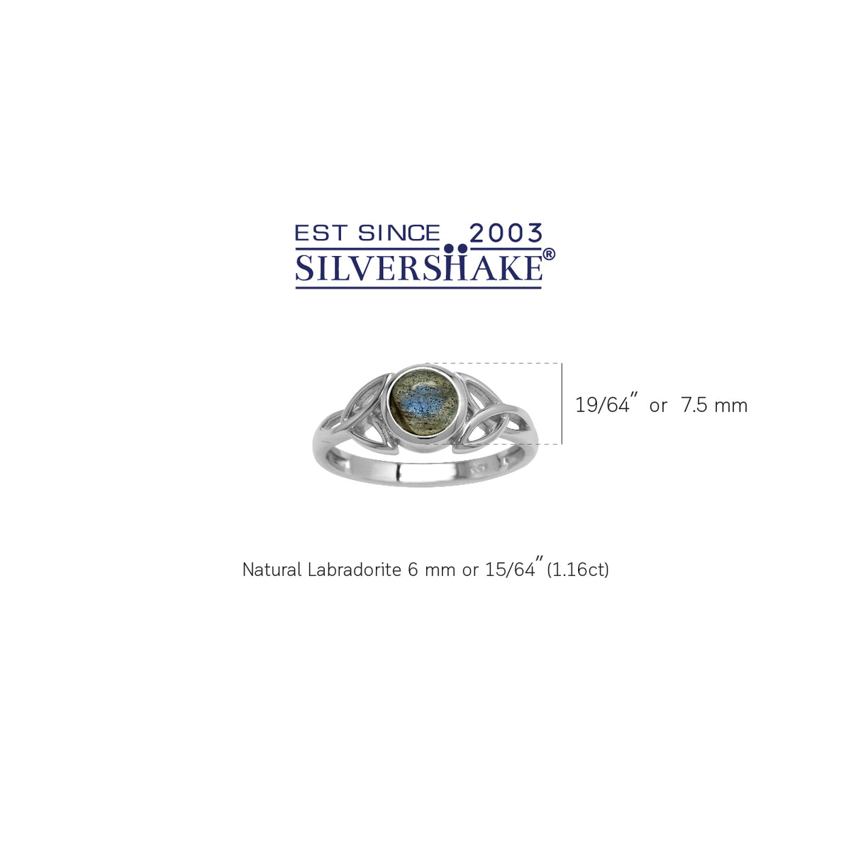 Natural 6 mm Round Labradorite Stone 925 Sterling Silver Triquetra Celtic Knot Ring silvershake