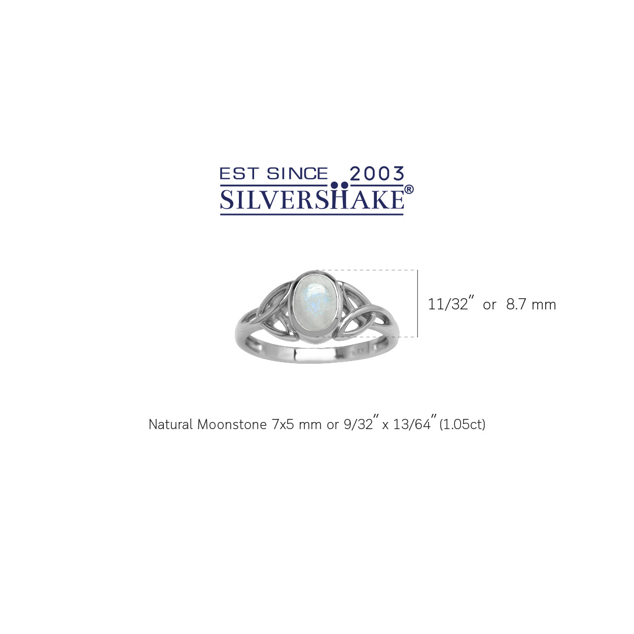 Natural 7x5 mm Oval Rainbow Moonstone 925 Sterling Silver Triquetra Celtic Knot Ring - Silvershake-store