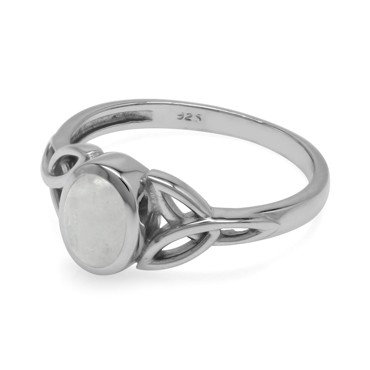 Natural 7x5 mm Oval Rainbow Moonstone 925 Sterling Silver Triquetra Celtic Knot Ring - Silvershake-store