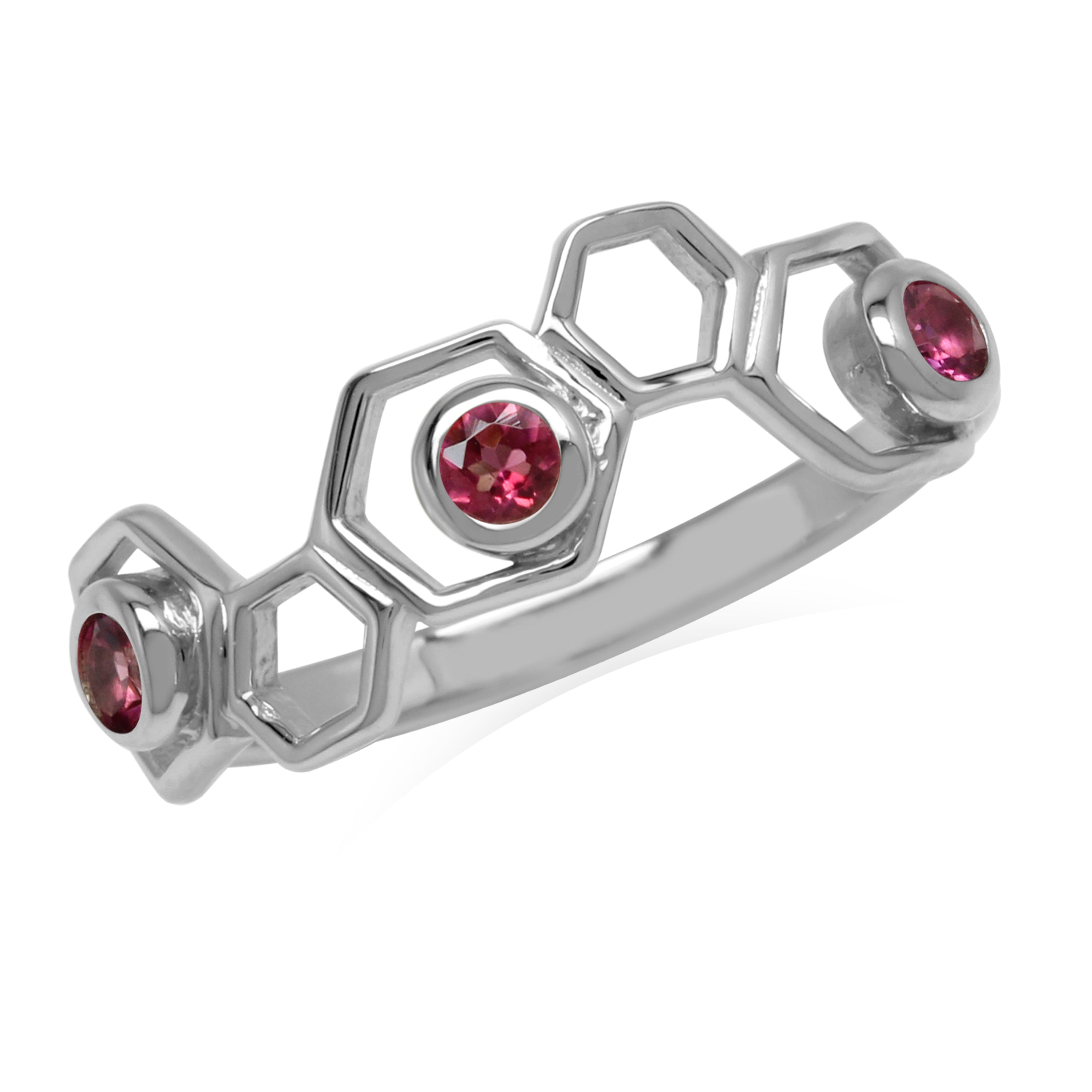 3 Stone Genuine Pink Tourmaline White Gold Plated 925 Sterling Silver Honeycomb Bee Ring - Silvershake-store