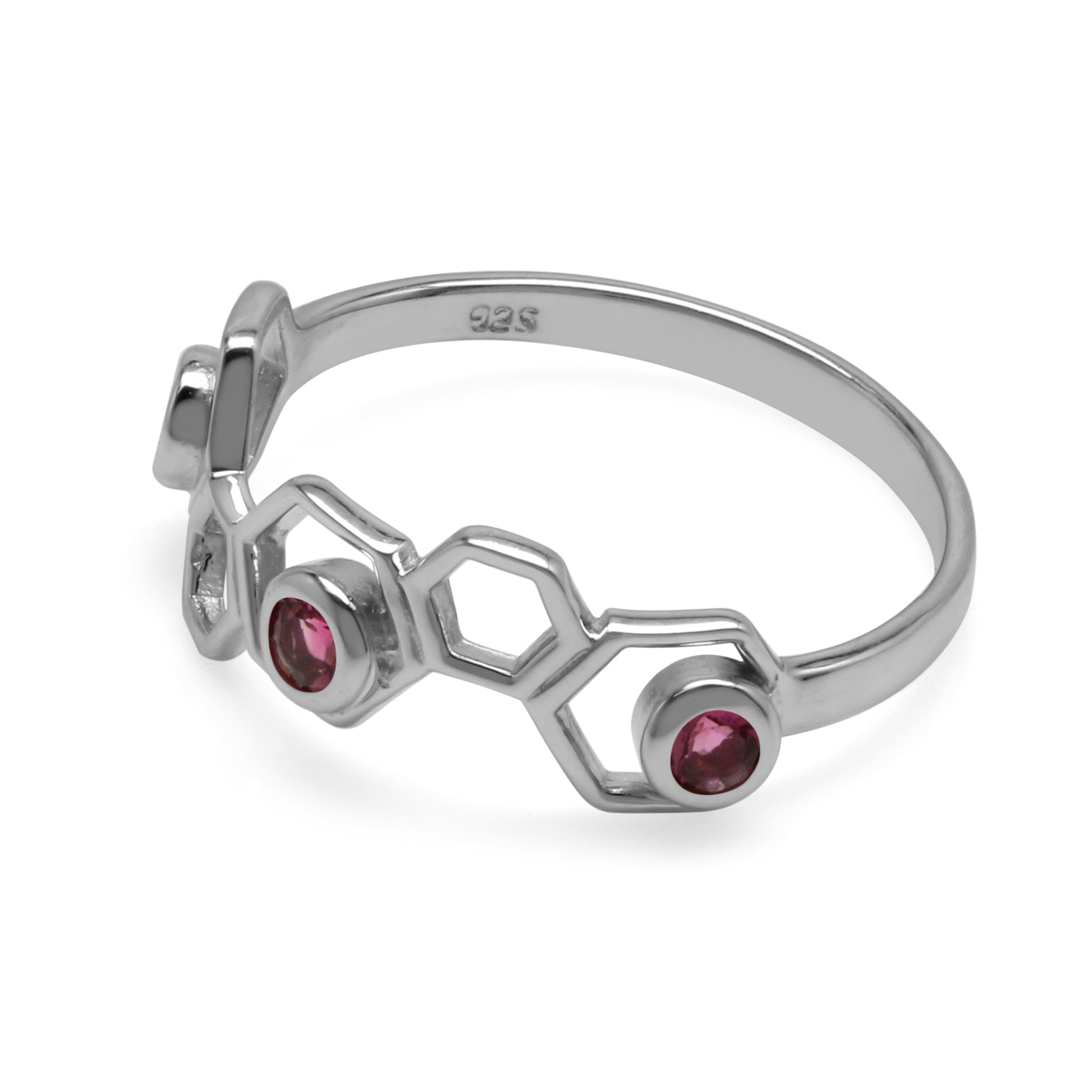 3 Stone Genuine Pink Tourmaline White Gold Plated 925 Sterling Silver Honeycomb Bee Ring - Silvershake-store