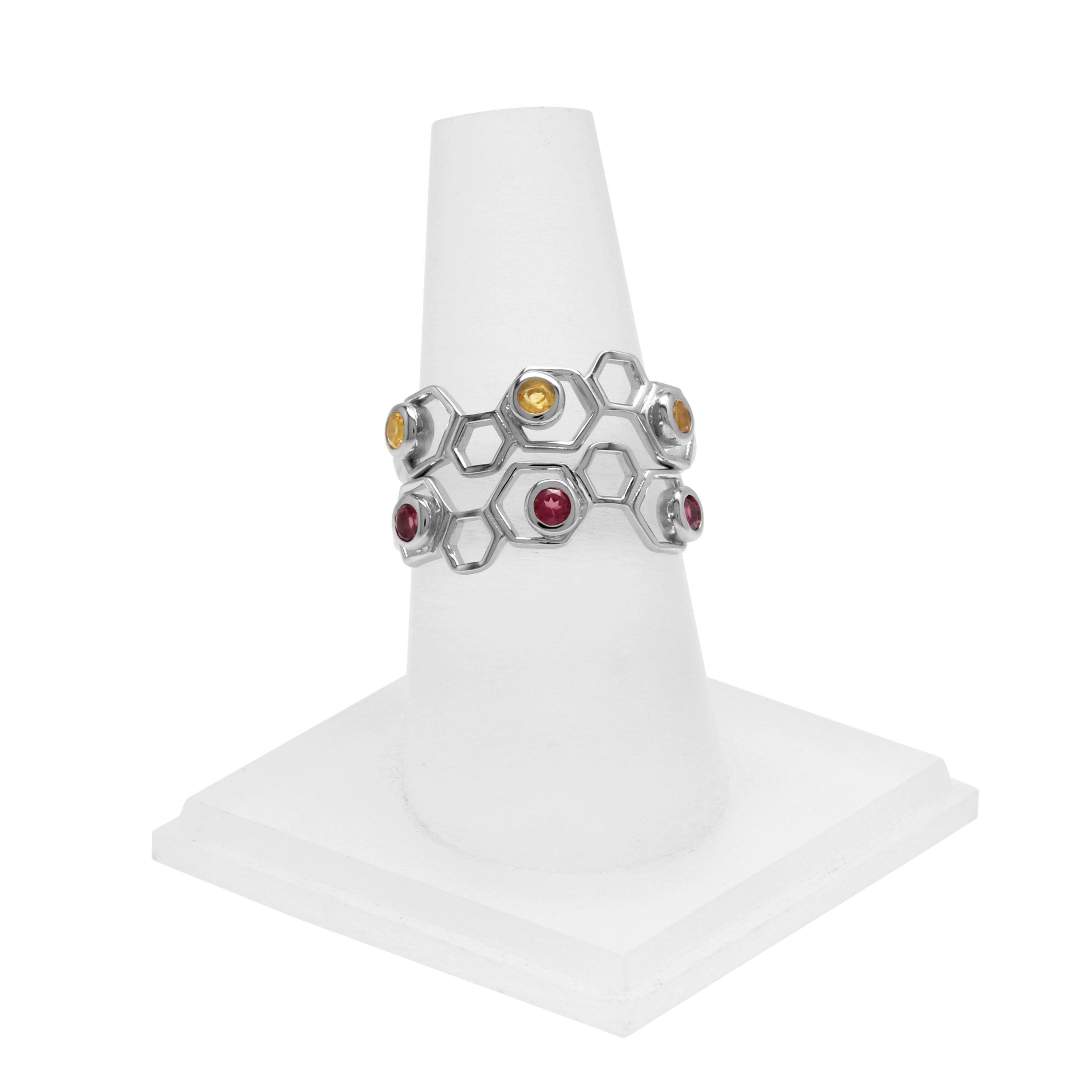 3 Stone Genuine Pink Tourmaline White Gold Plated 925 Sterling Silver Honeycomb Bee Ring - Silvershake-store