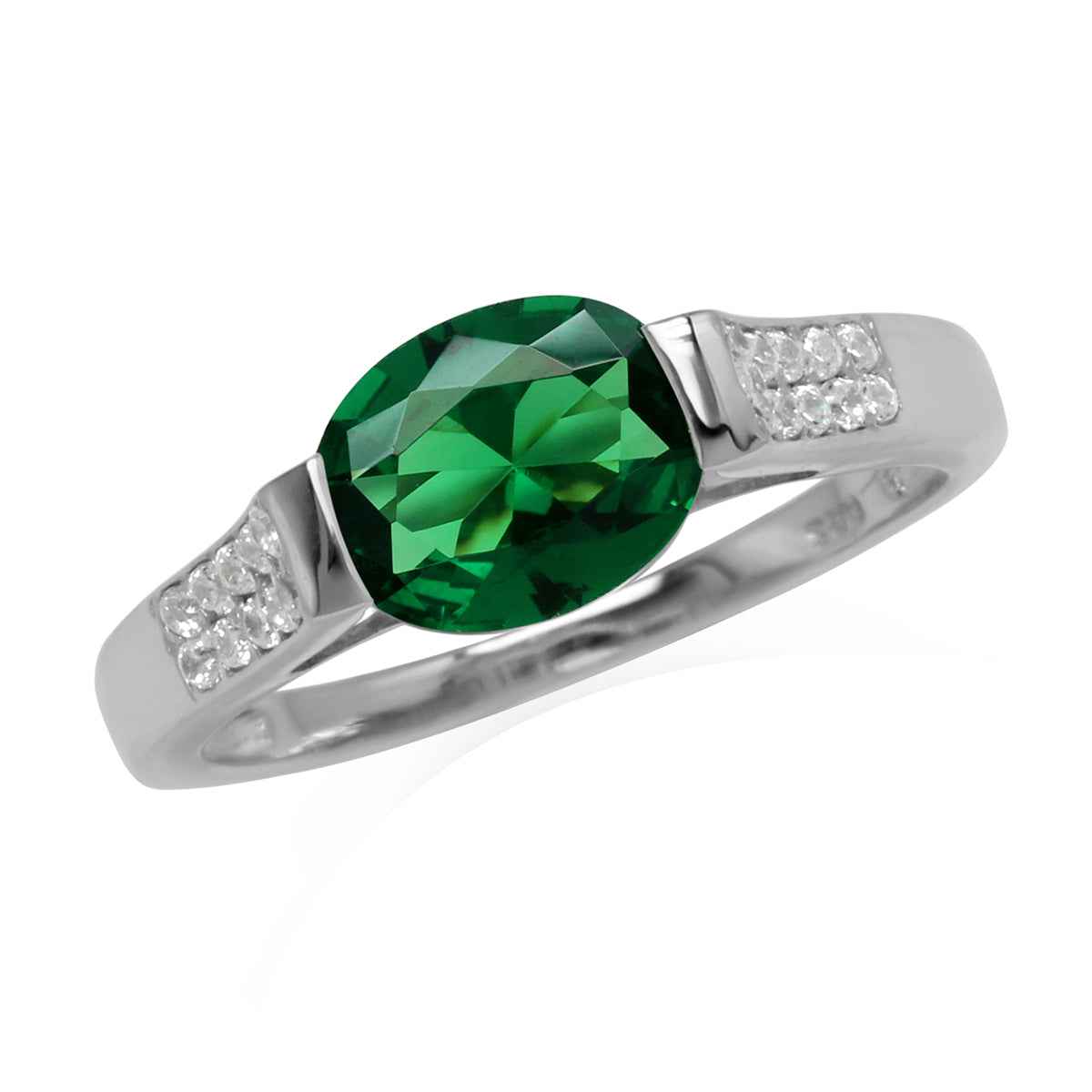 1.45 Ct Oval 9x7 mm Nano Emerald & White CZ 925 Sterling Silver Ring