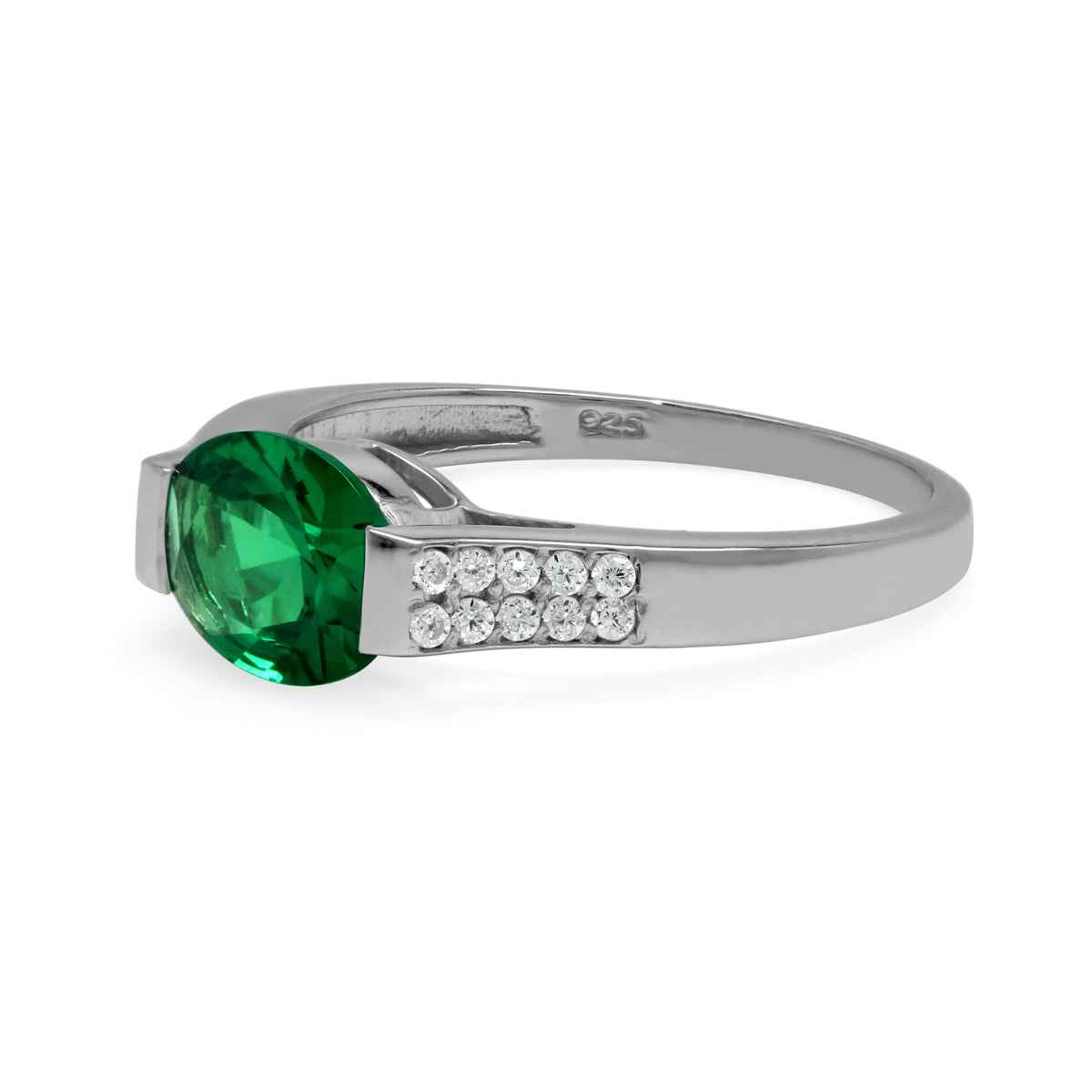 1.45 Ct Oval 9x7 mm Nano Emerald & White CZ 925 Sterling Silver Ring