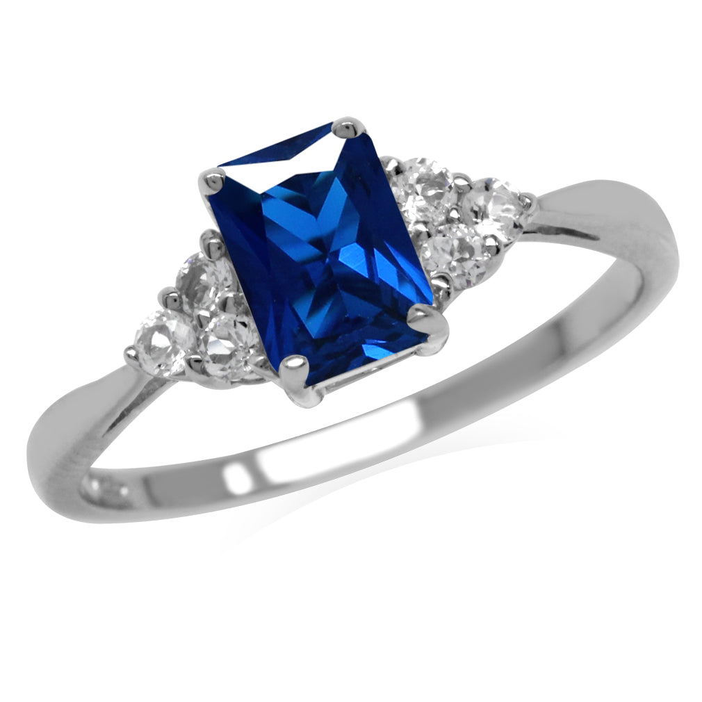 Created Blue Sapphire Octagon 7x5 mm 925 Sterling Silver Engagement Ring - Silvershake-store
