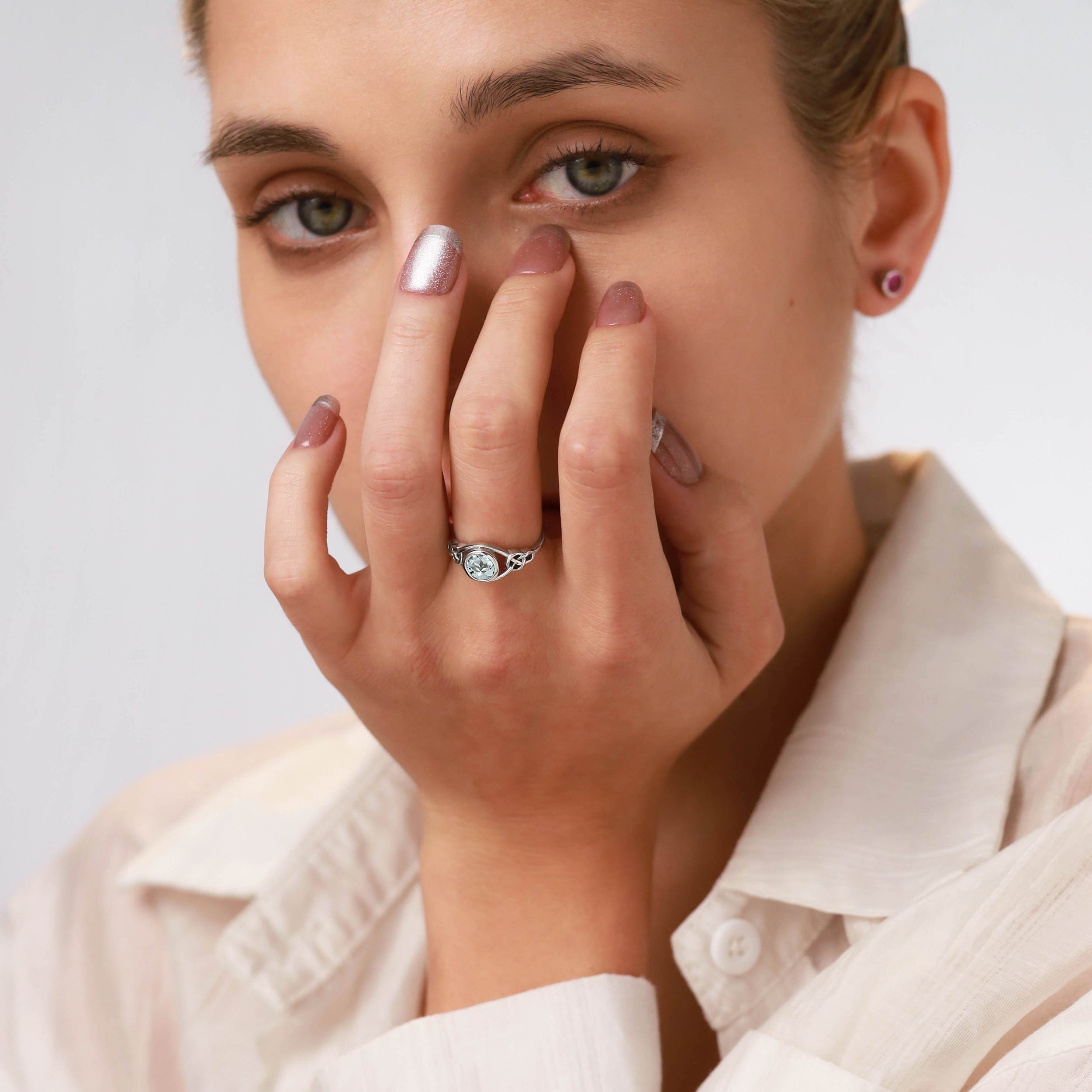 Genuine Light Blue Aquamarine White Gold Plated 925 Sterling Silver Celtic Knot Ring - Silvershake-store