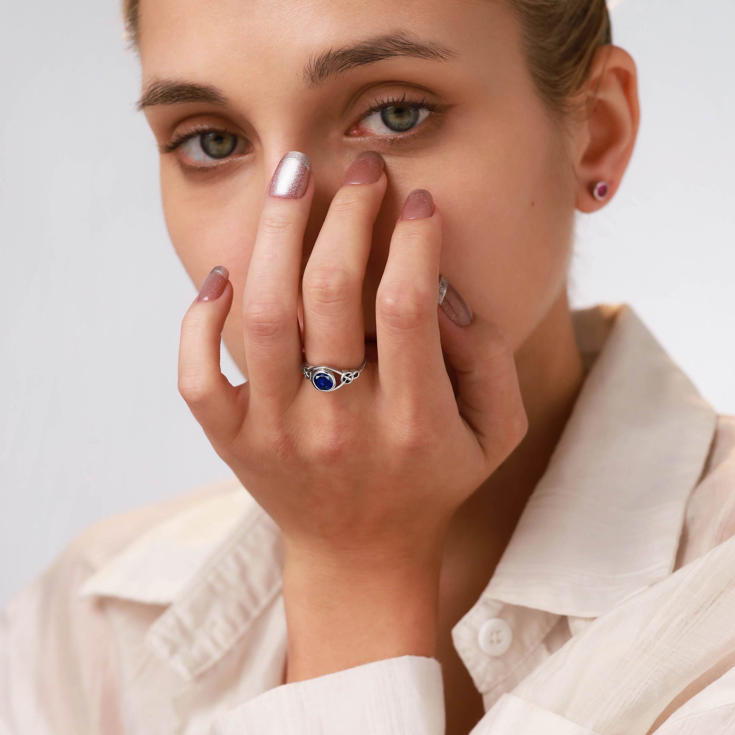 Created Blue Sapphire White Gold Plated 925 Sterling Silver Celtic Knot Ring - Silvershake-store