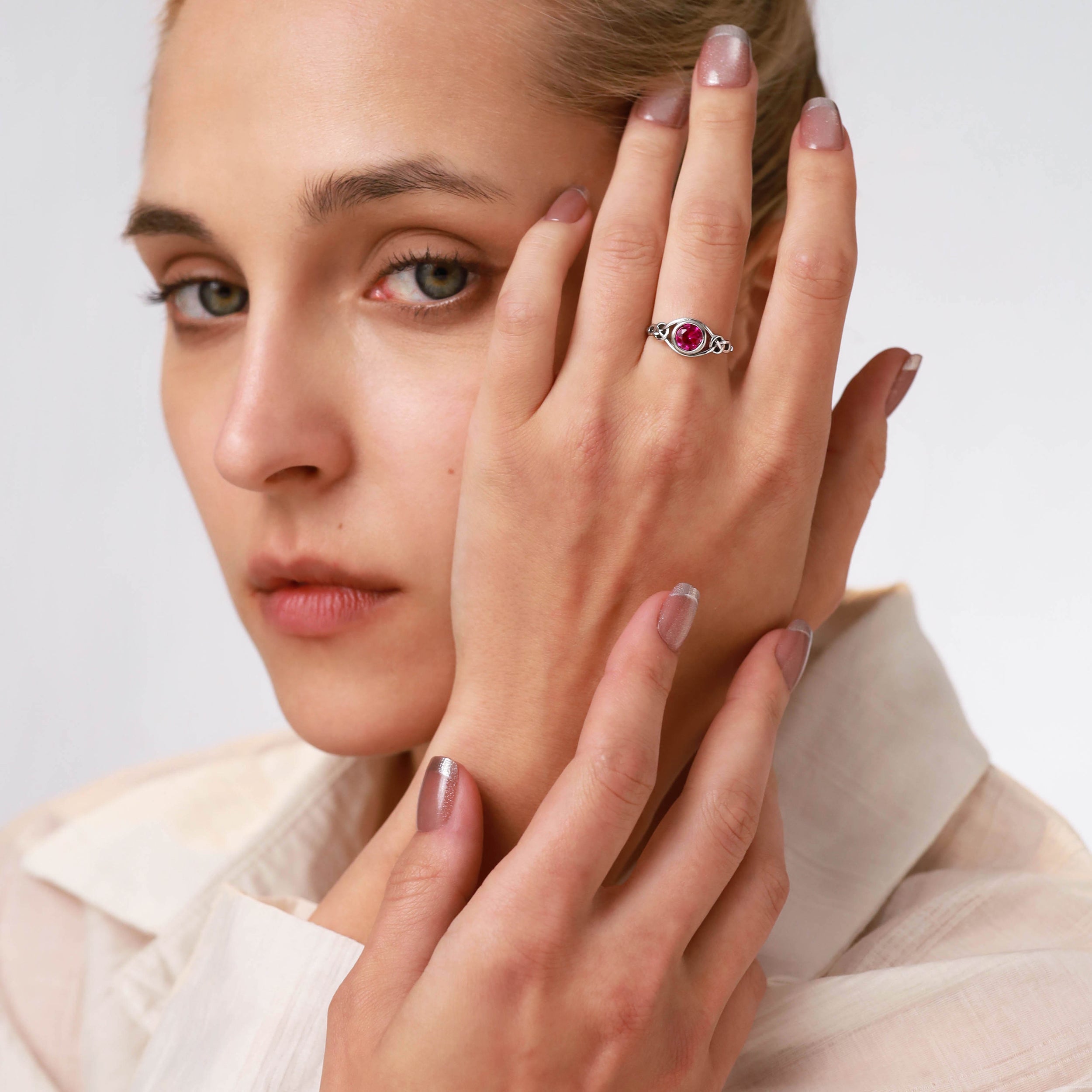 6MM Created Round Shape Pink Tourmaline White Gold Plated 925 Sterling Silver Celtic Knot Solitaire Ring October Gemstone Birthstone - Silvershake-store