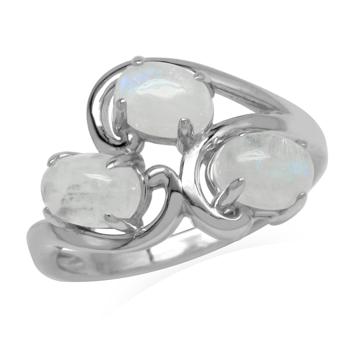 Natural Rainbow Moonstone 925 Sterling Silver 3-Stone Cluster Ring silvershake