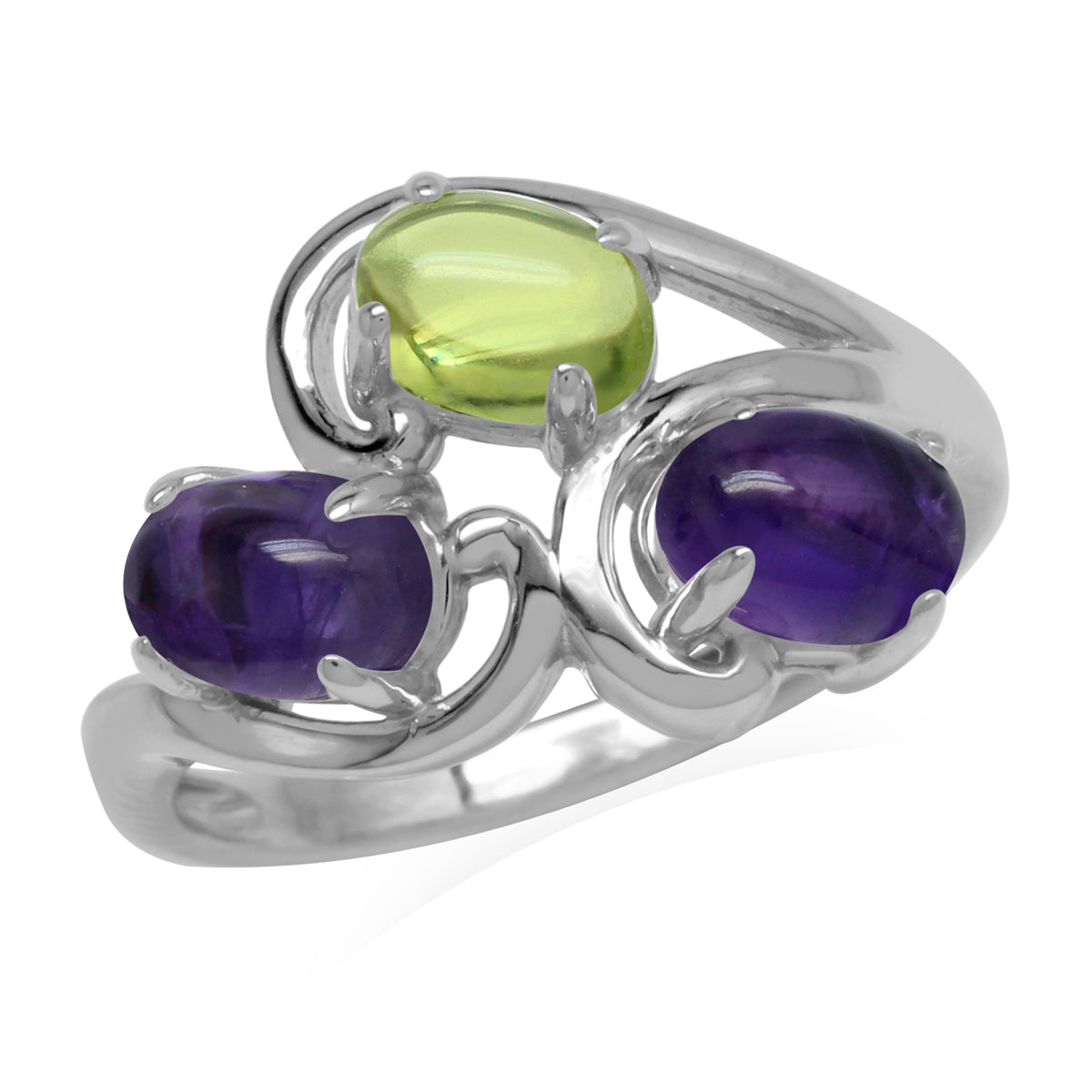 Genuine Cabochon Amethyst and Peridot 925 Sterling Silver 3-Stone Cluster Ring silvershake