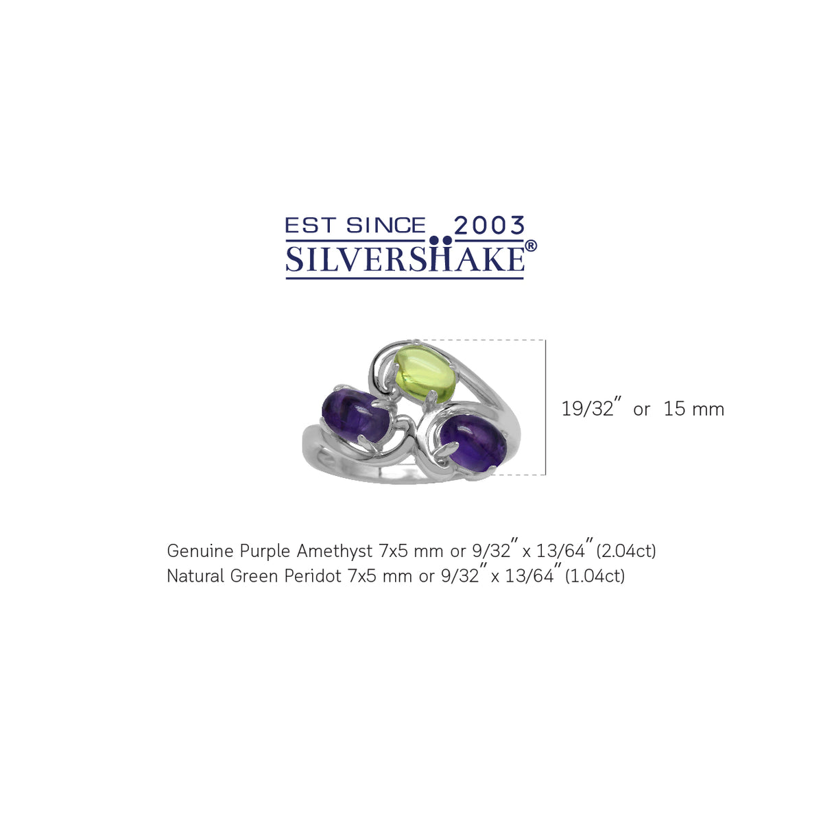 Genuine Cabochon Amethyst and Peridot 925 Sterling Silver 3-Stone Cluster Ring silvershake