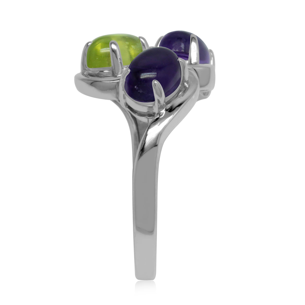 Genuine Cabochon Amethyst and Peridot 925 Sterling Silver 3-Stone Cluster Ring silvershake
