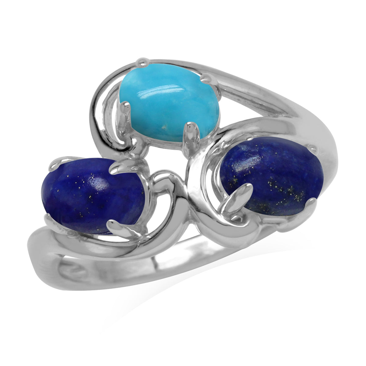 Genuine Blue Lapis Lazuli and American Turquoise 925 Sterling Silver 3-Stone Cluster Ring silvershake