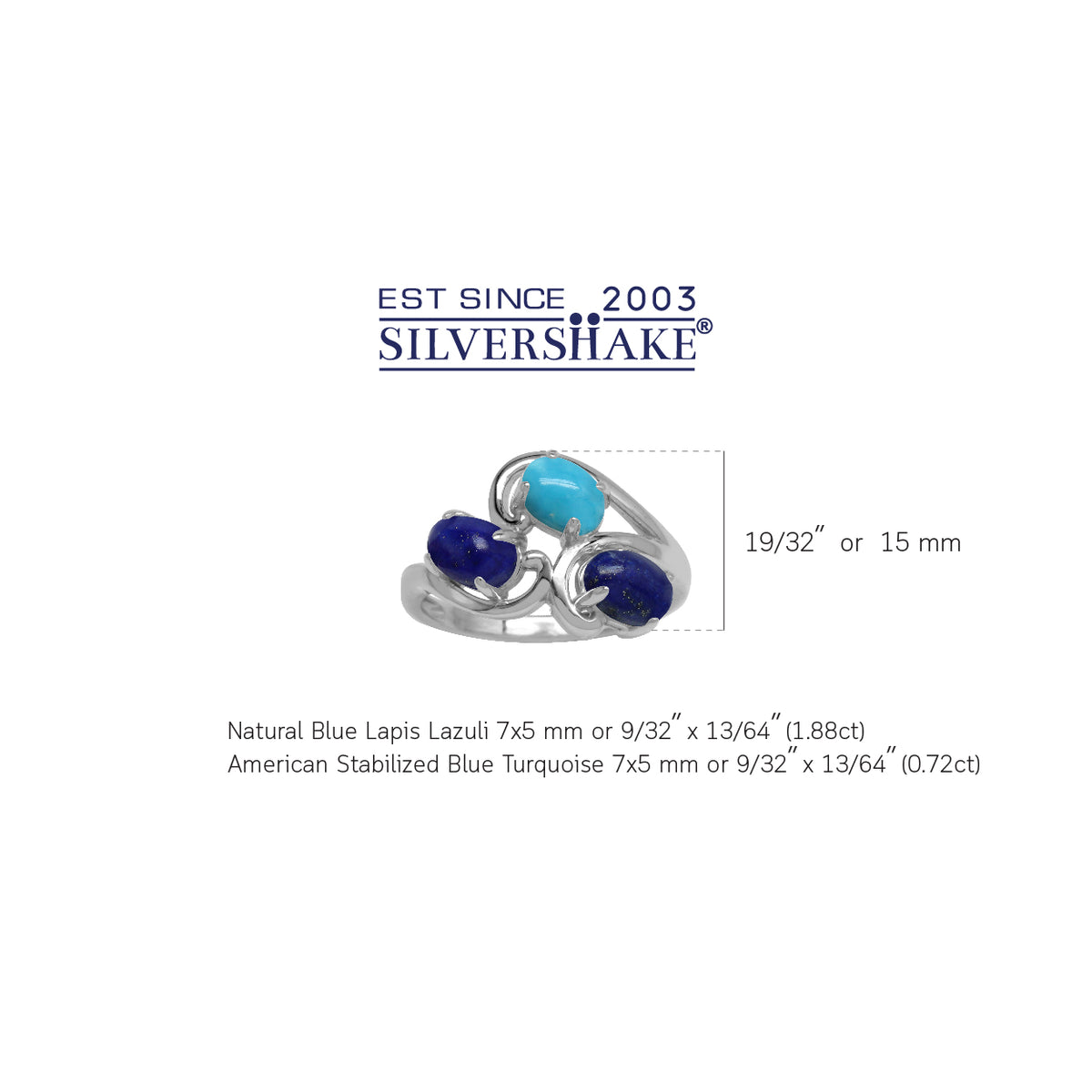 Genuine Blue Lapis Lazuli and American Turquoise 925 Sterling Silver 3-Stone Cluster Ring silvershake