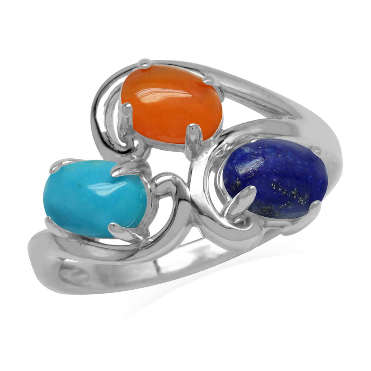 Genuine Lapis Lazuli, American Turquoise and Carnelian 925 Sterling Silver 3-Stone Cluster Ring silvershake